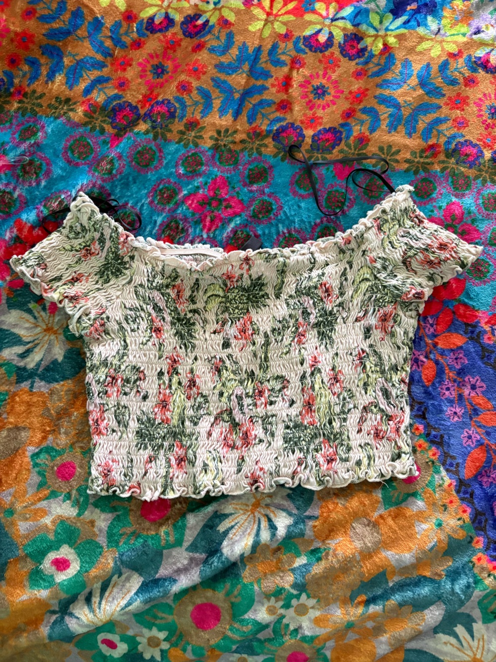 H&M Light Pink Smocked Off-Shoulder Crop Top with Green and Pink Floral Print
